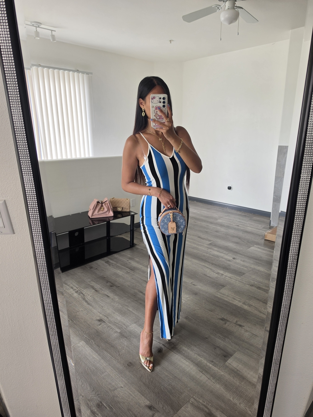 Striped Blue & White Maxi Slip Dress with Side Slit - Picture 13 of 13